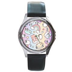 Pusheen Carebears Bears Cat Colorful Cute Pastel Pattern Round Metal Watch by Sapixe