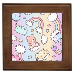 Pusheen Carebears Bears Cat Colorful Cute Pastel Pattern Framed Tile by Sapixe