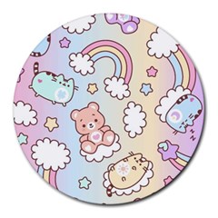 Pusheen Carebears Bears Cat Colorful Cute Pastel Pattern Round Mousepad by Sapixe