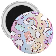 Pusheen Carebears Bears Cat Colorful Cute Pastel Pattern 3  Magnets