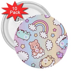 Pusheen Carebears Bears Cat Colorful Cute Pastel Pattern 3  Buttons (10 pack) 