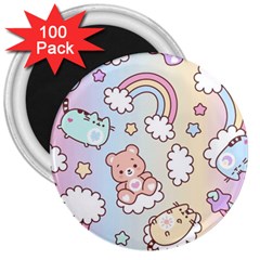 Pusheen Carebears Bears Cat Colorful Cute Pastel Pattern 3  Magnets (100 pack)