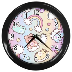 Pusheen Carebears Bears Cat Colorful Cute Pastel Pattern Wall Clock (black) by Sapixe