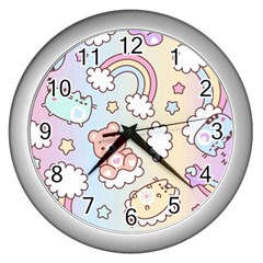 Pusheen Carebears Bears Cat Colorful Cute Pastel Pattern Wall Clock (Silver)