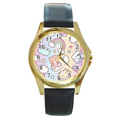 Pusheen Carebears Bears Cat Colorful Cute Pastel Pattern Round Gold Metal Watch by Sapixe