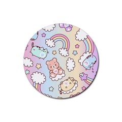 Pusheen Carebears Bears Cat Colorful Cute Pastel Pattern Rubber Round Coaster (4 Pack) by Sapixe