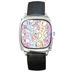 Pusheen Carebears Bears Cat Colorful Cute Pastel Pattern Square Metal Watch by Sapixe