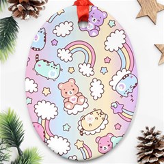 Pusheen Carebears Bears Cat Colorful Cute Pastel Pattern Oval Ornament (two Sides)