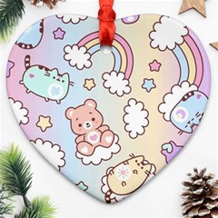 Pusheen Carebears Bears Cat Colorful Cute Pastel Pattern Heart Ornament (two Sides)