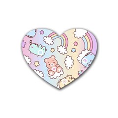 Pusheen Carebears Bears Cat Colorful Cute Pastel Pattern Rubber Coaster (Heart)