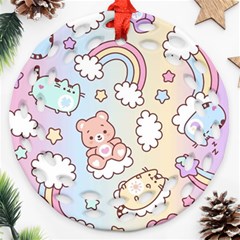 Pusheen Carebears Bears Cat Colorful Cute Pastel Pattern Ornament (round Filigree)