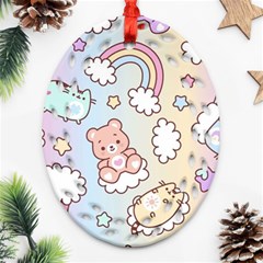 Pusheen Carebears Bears Cat Colorful Cute Pastel Pattern Ornament (oval Filigree)