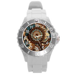 Bohemian Flair In Blue And Earthtones Round Plastic Sport Watch (l) by HWDesign