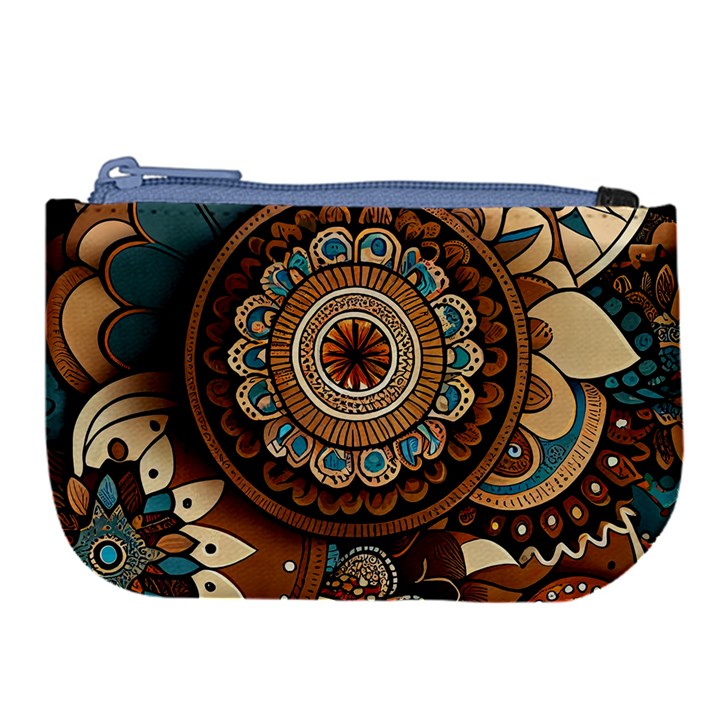 Bohemian Flair In Blue And Earthtones Large Coin Purse