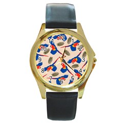 Bird Animals Parrot Pattern Round Gold Metal Watch by Ravend