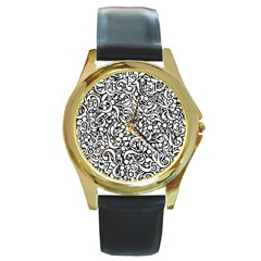 Question Mark Typographic Motif Random Pattern Round Gold Metal Watch by dflcprintsclothing