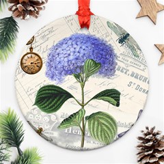 Blue Hydrangea Flower Painting Vintage Shabby Chic Dragonflies Ornament (round) by danenraven