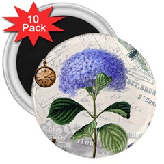 Blue Hydrangea Flower Painting Vintage Shabby Chic Dragonflies 3  Magnets (10 Pack)  by danenraven