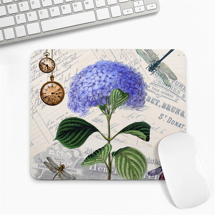 Blue Hydrangea Flower Painting Vintage Shabby Chic Dragonflies Large Mousepad