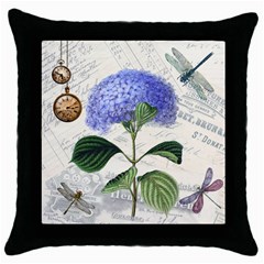 Blue Hydrangea Flower Painting Vintage Shabby Chic Dragonflies Throw Pillow Case (black) by danenraven