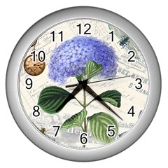 Blue Hydrangea Flower Painting Vintage Shabby Chic Dragonflies Wall Clock (silver) by danenraven