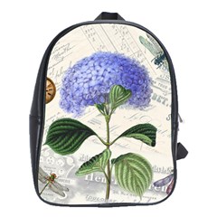 Blue Hydrangea Flower Painting Vintage Shabby Chic Dragonflies School Bag (large) by danenraven