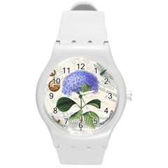 Blue Hydrangea Flower Painting Vintage Shabby Chic Dragonflies Round Plastic Sport Watch (m) by danenraven