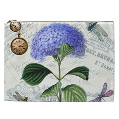 Blue Hydrangea Flower Painting Vintage Shabby Chic Dragonflies Cosmetic Bag (xxl) by danenraven