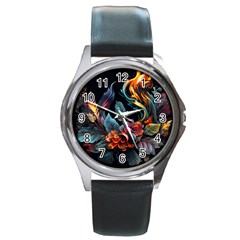 Flowers Flame Abstract Floral Round Metal Watch by Ravend