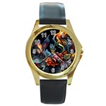 Flowers Flame Abstract Floral Round Gold Metal Watch Front