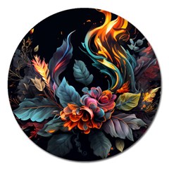 Flowers Flame Abstract Floral Magnet 5  (round) by Ravend