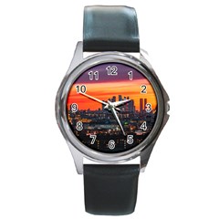 Downtown Skyline Sunset Buildings Round Metal Watch by Ravend