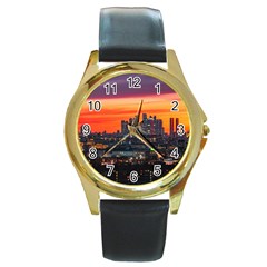 Downtown Skyline Sunset Buildings Round Gold Metal Watch by Ravend