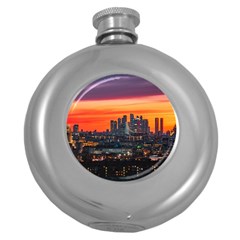 Downtown Skyline Sunset Buildings Round Hip Flask (5 Oz) by Ravend