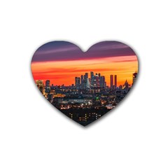 Downtown Skyline Sunset Buildings Rubber Heart Coaster (4 Pack) by Ravend