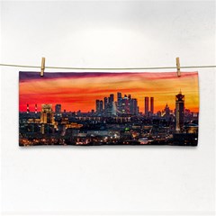 Downtown Skyline Sunset Buildings Hand Towel by Ravend