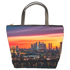 Downtown Skyline Sunset Buildings Bucket Bag by Ravend