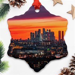 Downtown Skyline Sunset Buildings Snowflake Ornament (two Sides) by Ravend