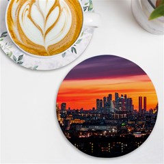 Downtown Skyline Sunset Buildings Uv Print Round Tile Coaster by Ravend