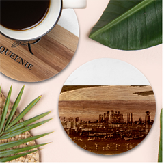 Downtown Skyline Sunset Buildings Marble Wood Coaster (round) by Ravend