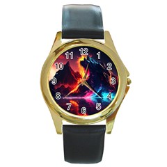 Mountain Color Colorful Love Art Round Gold Metal Watch by Ravend