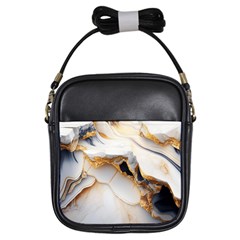 Marble Stone Abstract Gold White Girls Sling Bag by Ravend