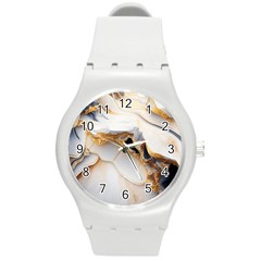 Marble Stone Abstract Gold White Round Plastic Sport Watch (m) by Ravend