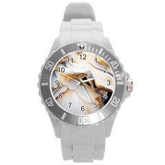 Marble Stone Abstract Gold White Round Plastic Sport Watch (l) by Ravend