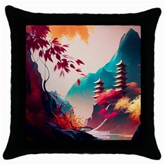 Asia Japan Pagoda Colorful Vintage Throw Pillow Case (black) by Ravend