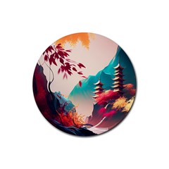 Asia Japan Pagoda Colorful Vintage Rubber Round Coaster (4 Pack) by Ravend