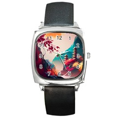 Asia Japan Pagoda Colorful Vintage Square Metal Watch by Ravend