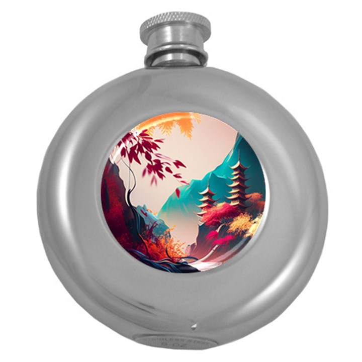 Asia Japan Pagoda Colorful Vintage Round Hip Flask (5 oz)