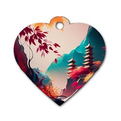 Asia Japan Pagoda Colorful Vintage Dog Tag Heart (two Sides) by Ravend