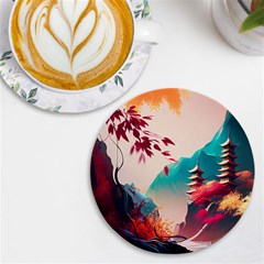 Asia Japan Pagoda Colorful Vintage Uv Print Round Tile Coaster by Ravend